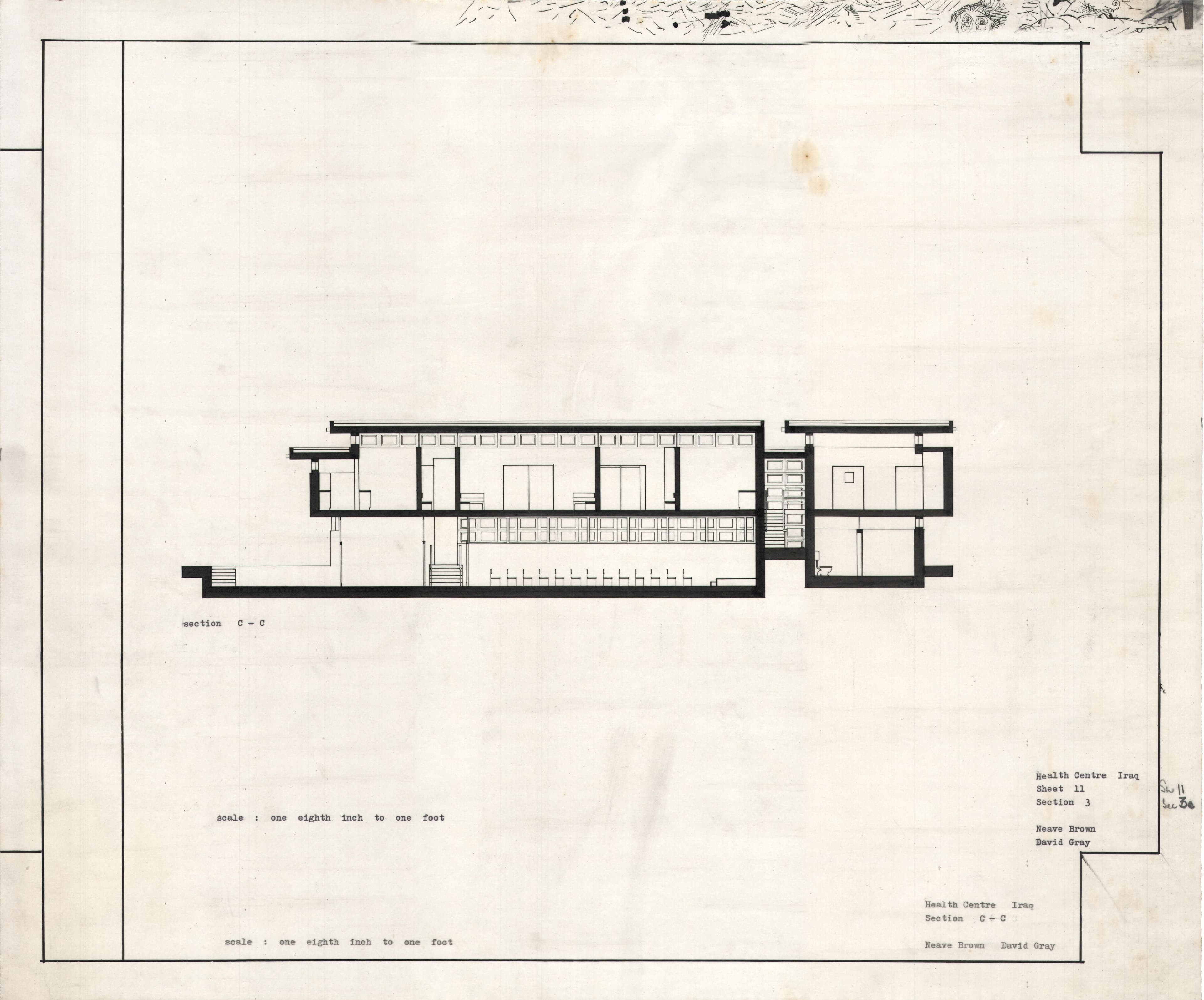 Neave Brown, David Gray. 'Health Centre, Iraq: Section.' AA Department of Tropical Architecture, 1954-1955. AA Archives