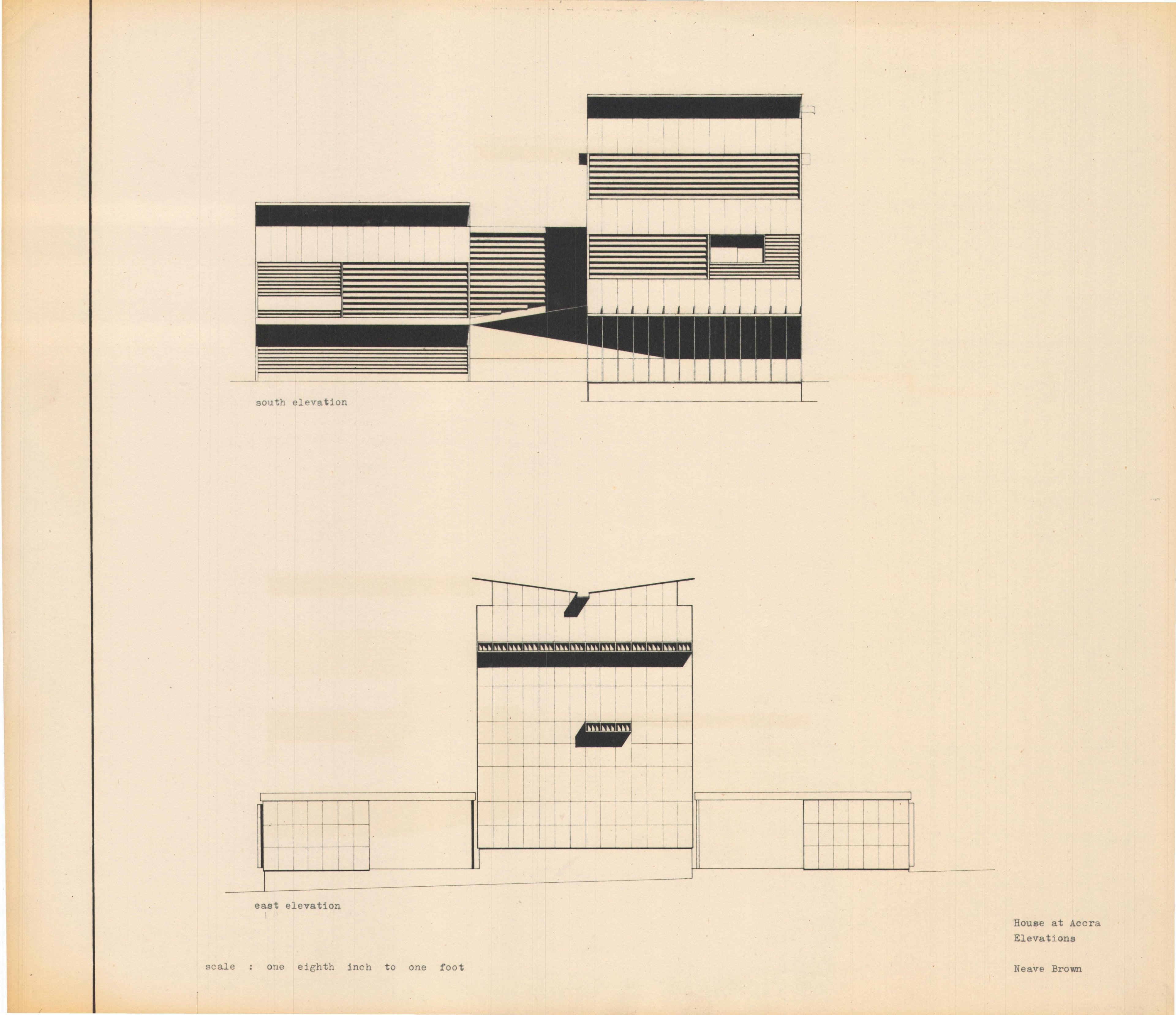 Neave Brown, 'House at Accra, Ghana: South and East Elevations', AA Department of Tropical Architecture, 1954-1955. AA Archives