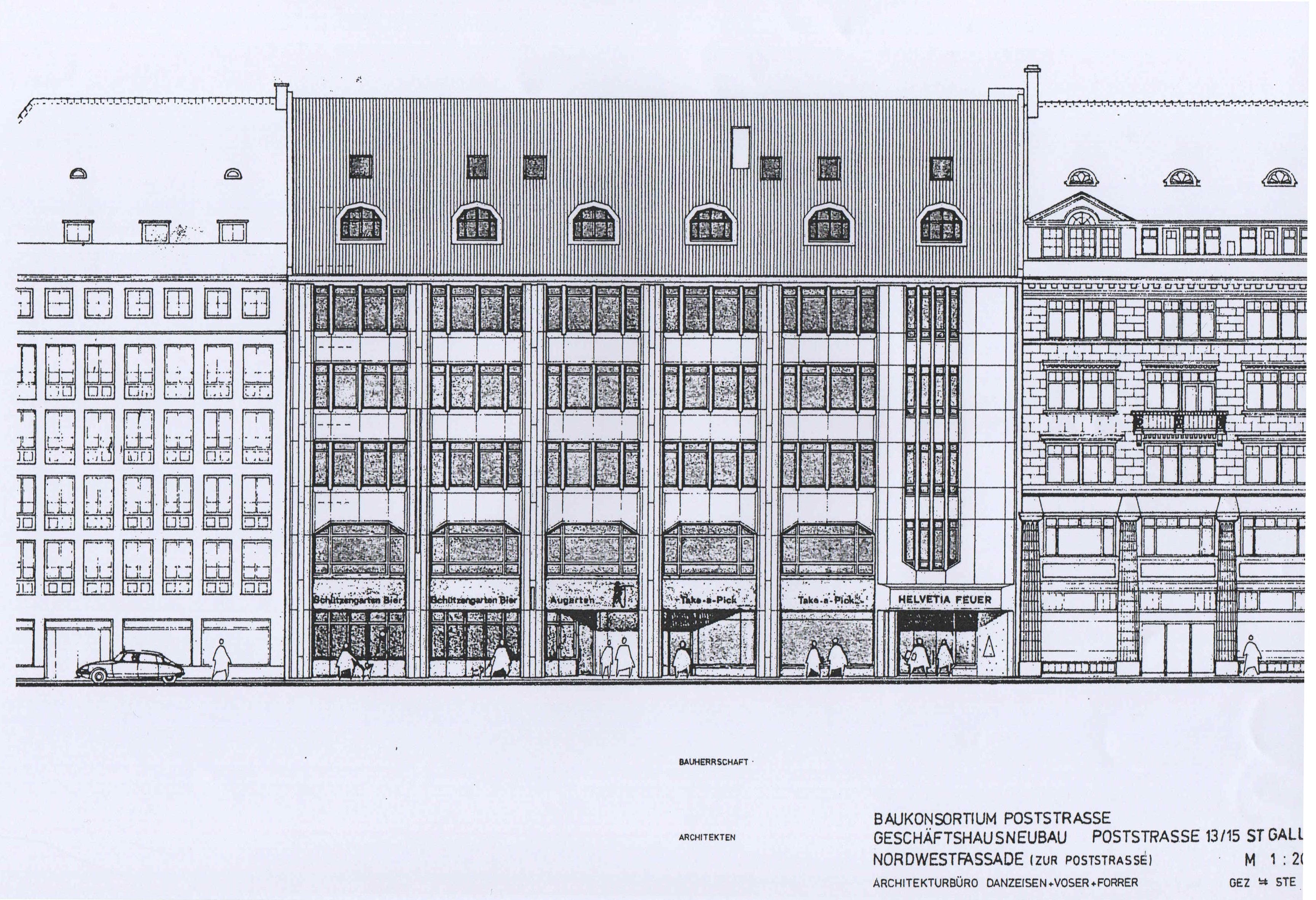 John Steerwood (for Danzeisen + Voser), Commercial building, Helvetica Group, St Gallen, Switzerland, c1980. Elevation.