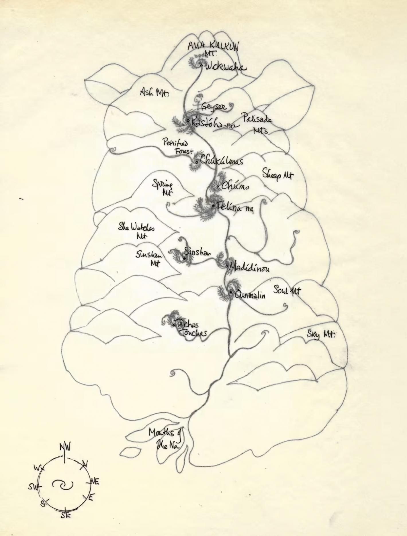 Talismanic map of the Valley, with place names, 1985, at The Word for World: The Maps of Ursula K Le Guin, 10 October to 6 December © Courtesy Ursula K Le Guin Foundation